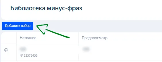 Добавление набора минус фраз